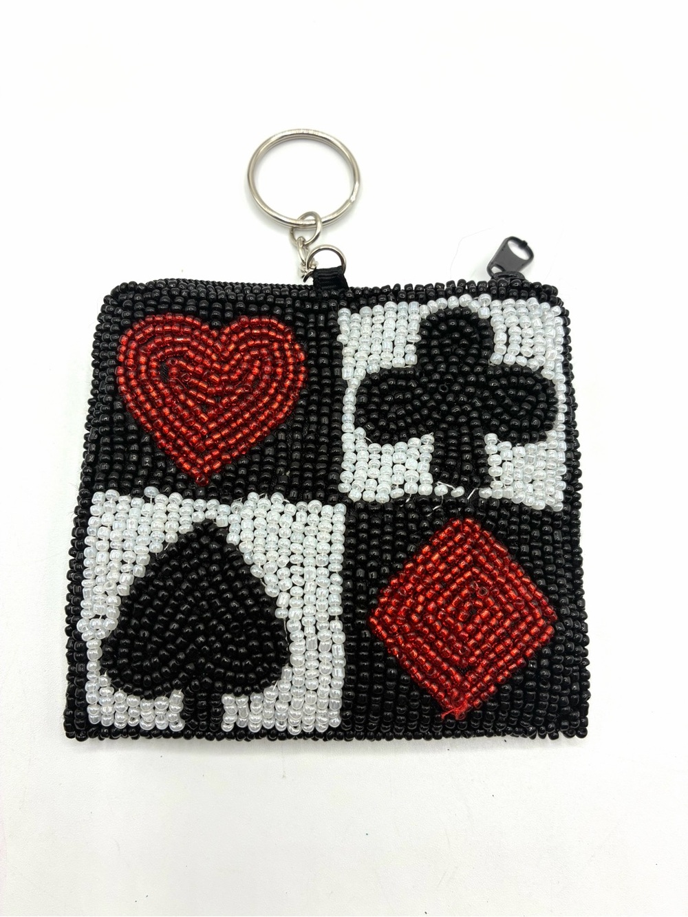 Beaded Playing Cards Coin Purse Keychain Heart Spade Diamond Club Black Red